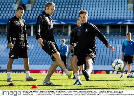 Aktuell Fußball, Champions League, Malmö FF Training , 150929 Malmös Nikola Djurdjic, Oscar Lewicki och Markus Rosenberg under en träning before UEFA Champions League 2015 2016 match between Malmö FF and Real Madrid.  Copyright: PETTERxARVIDSON BB150929PA026