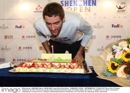 SHENZHEN, CHINA - SEPTEMBER 28: (CHINA OUT) Marin Cilic of Croatia celebrates his 27th birthday during day one of the 2015 Shenzhen Open ATP Tennis Herren World Tour on September 28, 2015 in Shenzhen, Guangdong Province of China.  CFP473573500 