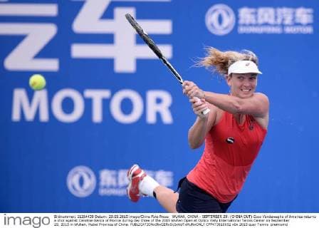 WUHAN, CHINA - SEPTEMBER 29: (CHINA OUT) Coco Vandeweghe of America returns a shot against Caroline Garcia of France during day three of the 2015 Wuhan Open at Optics Vally International Tennis Center on September 29, 2015 in Wuhan, Hubei Province of China.  CFP473610652 