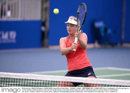 WUHAN, CHINA - SEPTEMBER 29: (CHINA OUT) Coco Vandeweghe of America returns a shot against Caroline Garcia of France during day three of the 2015 Wuhan Open at Optics Vally International Tennis Center on September 29, 2015 in Wuhan, Hubei Province of China.  CFP473610650 