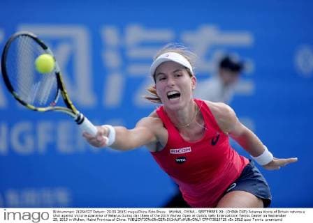 WUHAN, CHINA - SEPTEMBER 29: (CHINA OUT) Johanna Konta of Britain returns a shot against Victoria Azarenka of Belarus during day three of the 2015 Wuhan Open at Optics Vally International Tennis Center on September 29, 2015 in Wuhan, Hubei Province of China.  CFP473610726 