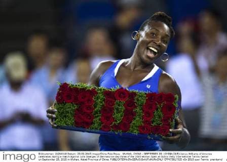 WUHAN, CHINA - SEPTEMBER 29: (CHINA OUT) Venus Williams of America celebrates during a match against Julia Goerges of Germany on day three of the 2015 Wuhan Open at Optics Vally International Tennis Center on September 29, 2015 in Wuhan, Hubei Province of China.  CFP473617525 
