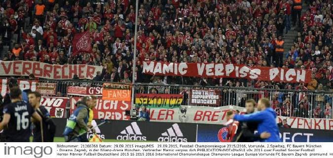 29.09.2015, Fussball Championsleague 2015 2016, Vorrunde, 2.Spieltag, FC Bayern München - Dinamo Zagreb, in der Allianz-Arena München. Verbrecher Mamic verpiss dich 