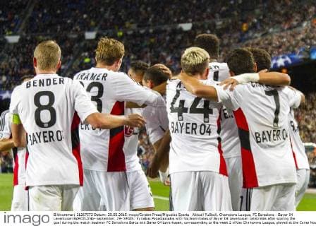 Aktuell Fußball, Champions League, FC Barcelona - Bayer 04 Leverkusen BARCELONA- september, 29- SPAIN: Kyriakos Papadopoulos with his teammates of Bayer 04 Leverkusen celebrates after scoring the goal during the match beetwen FC Barcelona Barca and Bayer 04 Leverkusen, corresponding to the week 2 of the Champions League, played at the Camp Nou stadium on September 29, 2015 in Barcelona, Spain. (Photo by Mikel Trigueros Urbanandsport Cordon Press) 
