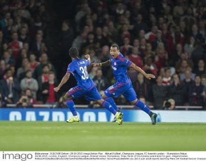 Aktuell FuÃŸball, Champions League, FC Arsenal London - Olympiakos PirÃ¤us 29.09.2015. London, England. Champions League. Arsenal versus Olympiakos. Filipe Pardo of Olympiakos celebrates his goal. xNigelxCookex  ActionPlus11666098