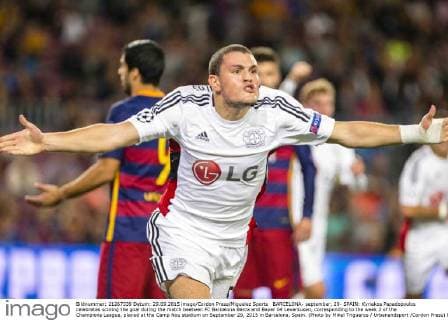 BARCELONA- september, 29- SPAIN: Kyriakos Papadopoulos celebrates scoring the goal during the match beetwen FC Barcelona Barca and Bayer 04 Leverkusen, corresponding to the week 2 of the Champions League, played at the Camp Nou stadium on September 29, 2015 in Barcelona, Spain. (Photo by Mikel Trigueros Urbanandsport Cordon Press) 