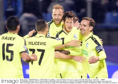 Aktuell Fußball, Champions League, Zenit St. Petersburg - KAA Gent - SAINT PETERSBURG, RUSSIA: Gent s Thomas Matton celebrates after scoring the 1-1 goal during the game between Belgian first league soccer team KAA Gent and Russian Zenit, second game in the group stage of the Uefa Champions League competition, Tuesday 29 September 2015, in the Petrovsky stadium in Saint Petersburg, Russia. YORICKxJANSENS  x04710663x