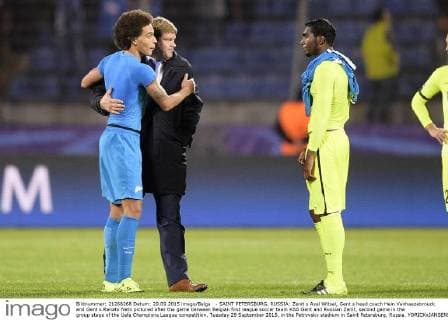 - SAINT PETERSBURG, RUSSIA: Zenit s Axel Witsel, Gent s head coach Hein Vanhaezebrouck and Gent s Renato Neto pictured after the game between Belgian first league soccer team KAA Gent and Russian Zenit, second game in the group stage of the Uefa Champions League competition, Tuesday 29 September 2015, in the Petrovsky stadium in Saint Petersburg, Russia. YORICKxJANSENS  x04710718x