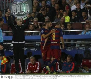 Champions League 2015 2016 match played between FC Barcelona and Bayer Leverkusen. In this picture, Jordi Alba enters for Iniesta. xFRANCESCxADELANTADOx 