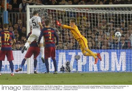 Champions League 2015 2016 match played between FC Barcelona and Bayer Leverkusen. In this picture, Papadopoulos and Marc-Andre Ter Stegen. x 