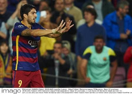 Aktuell Fußball, Champions League, FC Barcelona - Bayer 04 Leverkusen 29.09.2015, Fussball, UEFA Champions League FC Barcelona Barca - Bayer 04 Leverkusen, v.l. Luis Suarez (FC Barcelona) Jubelt nach dem Tor zum 2-1