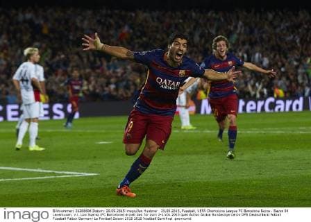 29.09.2015, Fussball, UEFA Champions League FC Barcelona Barca - Bayer 04 Leverkusen, v.l. Luis Suarez (FC Barcelona) erzielt das Tor zum 2-1