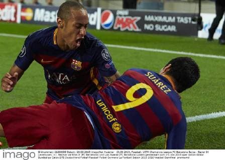 29.09.2015, Fussball, UEFA Champions League FC Barcelona Barca - Bayer 04 Leverkusen, v.l. Neymar da Silva Jr (FC Barcelona) und Luis Suarez (FC Barcelona) jubeln gemeinsam zum 2-1