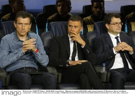 Champions League 2015 2016 match played between FC Barcelona (Barca) and Bayer Leverkusen. In this picture, Unzue and Luis Enrique. xFRANCESCxADELANTADOx 