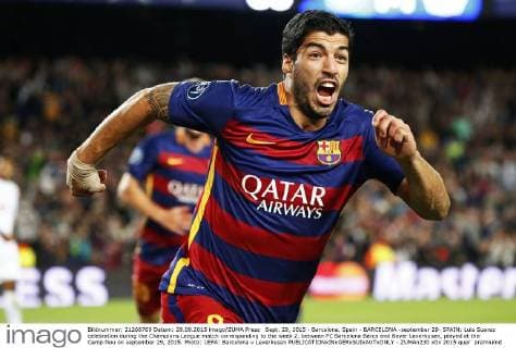Sept. 29, 2015 - Barcelona, Spain - BARCELONA -september 29- SPAIN: Luis Suarez celebration during the Champions League match corresponding to the week 2, between FC Barcelona Barca and Bayer Leverkusen, played at the Camp Nou on september 29, 2015. Photo: UEFA: Barcelona v Leverkusen  - ZUMAn230