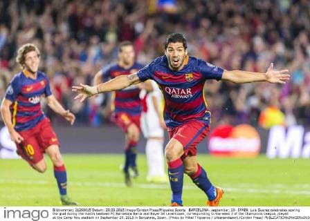 BARCELONA- september, 29- SPAIN: Luis Suarez celebrates scoring the goal during the match beetwen FC Barcelona Barca and Bayer 04 Leverkusen, corresponding to the week 2 of the Champions League, played at the Camp Nou stadium on September 29, 2015 in Barcelona, Spain. (Photo by Mikel Trigueros Urbanandsport Cordon Press) 
