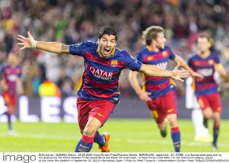 BARCELONA- september, 29- SPAIN: Luis Suarez celebrates scoring the goal during the match beetwen FC Barcelona Barca and Bayer 04 Leverkusen, corresponding to the week 2 of the Champions League, played at the Camp Nou stadium on September 29, 2015 in Barcelona, Spain. (Photo by Mikel Trigueros Urbanandsport Cordon Press) 