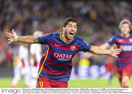 BARCELONA- september, 29- SPAIN: Luis Suarez celebrates scoring the goal during the match beetwen FC Barcelona Barca and Bayer 04 Leverkusen, corresponding to the week 2 of the Champions League, played at the Camp Nou stadium on September 29, 2015 in Barcelona, Spain. (Photo by Mikel Trigueros Urbanandsport Cordon Press) 