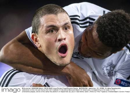 BARCELONA- september, 29- SPAIN: Kyriakos Papadopoulos celebrates scoring the goal during the match beetwen FC Barcelona Barca and Bayer 04 Leverkusen, corresponding to the week 2 of the Champions League, played at the Camp Nou stadium on September 29, 2015 in Barcelona, Spain. (Photo by Mikel Trigueros Urbanandsport Cordon Press) 
