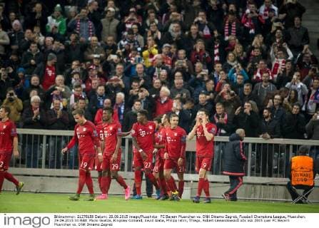 FC Bayern Muenchen vs. DNK Dinamo Zagreb, Fussball Champions League, Muenchen. 29.09.2015 Im Bild: Mario Goetze, Kingsley Comand, david Alaba, Philipp lahm, Thiago, Robert LewandowskiÂ