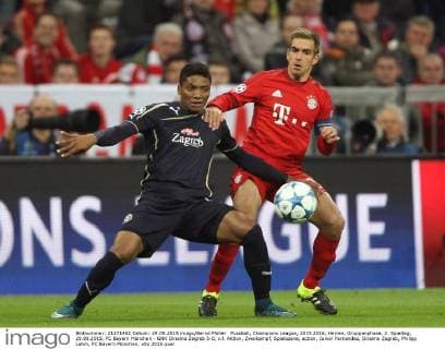 Fussball, Champions League, 2015 2016, Herren, Gruppenphase, 2. Spieltag, 29.09.2015, FC Bayern München - GNK Dinamo Zagreb 5-0, v.l. Aktion, Zweikampf, Spielszene, action, Junior Fernandes, Dinamo Zagreb, Philipp Lahm, FC Bayern München,