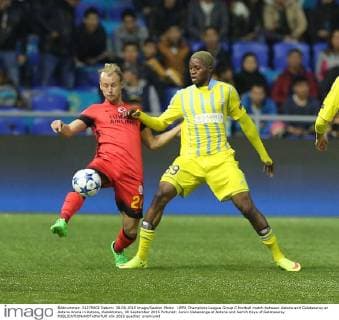 UEFA Champions League Group C football match between Astana and Galatasaray at Astana Arena in Astana, Kazakhstan, 30 September 2015 Pictured: Junior Kabananga of Astana and Semih Kaya of Galatasaray 