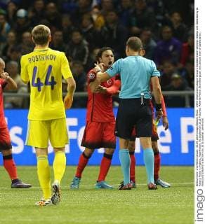 UEFA Champions League Group C football match between Astana and Galatasaray at Astana Arena in Astana, Kazakhstan, 30 September 2015 Pictured: Referee Martin Strombergsson and Selcuk Inan of Galatasaray. 