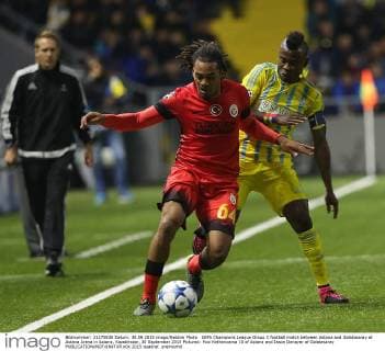 UEFA Champions League Group C football match between Astana and Galatasaray at Astana Arena in Astana, Kazakhstan, 30 September 2015 Pictured: Foxi Kethevoama 10 of Astana and Jason Denayer of Galatasaray 