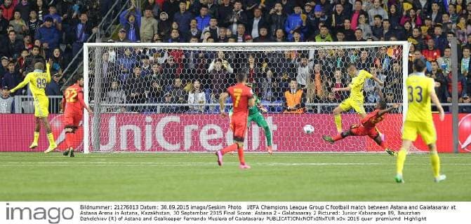 UEFA Champions League Group C football match between Astana and Galatasaray at Astana Arena in Astana, Kazakhstan, 30 September 2015 Final Score: Astana 2 - Galatasaray 2 Pictured: Junior Kabananga 89, Baurzhan Dzholchiev (R) of Astana and Goalkeeper Fernando Muslera of Galatasaray 
