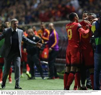 UEFA Champions League Group C football match between Astana and Galatasaray at Astana Arena in Astana, Kazakhstan, 30 September 2015 Final Score: Astana 2 - Galatasaray 2 Pictured: Galatasaray players celebrates for Sinan Gumus s goal. 