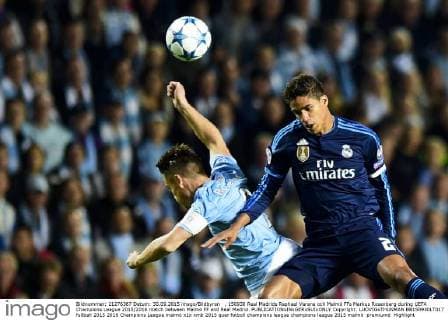 , 150930 Real Madrids Raphael Varane och Malmö FFs Markus Rosenberg during UEFA Champions League 2015 2016 match between Malmö FF and Real Madrid.  Copyright: LUDVIGxTHUNMAN BB150930LT017