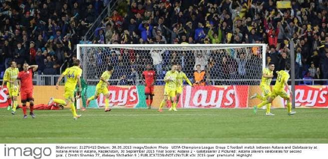 UEFA Champions League Group C football match between Astana and Galatasaray at Astana Arena in Astana, Kazakhstan, 30 September 2015 Final Score: Astana 2 - Galatasaray 2 Pictured: Astana players celebrates for second goal. ( Dmitri Shomko 77, Aleksey Shchetkin 9 ) 