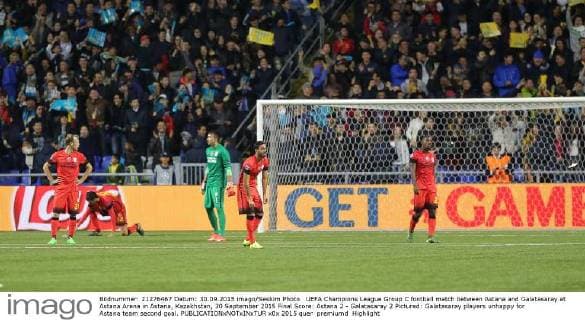 UEFA Champions League Group C football match between Astana and Galatasaray at Astana Arena in Astana, Kazakhstan, 30 September 2015 Final Score: Astana 2 - Galatasaray 2 Pictured: Galatasaray players unhappy for Astana team second goal. 