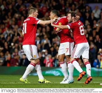Juan Mata of Manchester United ManU celebrates scoring the penalty equaliser - UEFA Champions League - Group B - Manchester Utd vs Vfl Wolfsburg - Old Trafford Stadium - Manchester - England - 30th September 2015 - Picture Simon Bellis Sportimage EDITORIAL USE ONLY. No use with unauthorised audio, video, data, fixture lists, club league logos or live services. Online in-match use limited to 120 images, no video emulation. No use in betting, games or single club league player publications.