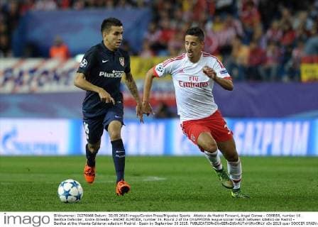 Atletico de Madrid Forward, Angel Correa - CORREA, number 16 . Benfica Defender, Andre Almeida - ANDRE ALMEIDA, number 34. Round 2 of the CHAMPIONS league soccer match between Atletico de Madrid - Benfica at the Vicente Calderon estadium Madrid - Spain by September 30 2015. 
