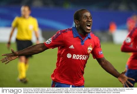 MOSCOW REGION, RUSSIA. SEPTEMBER 30, 2015. CSKA s Seydou Doumbia reacts after scoring in the 2015 16 Season UEFA Champions League Group B Round 2 football match against PSV Eindhoven at the Arena Khimki Stadium. Sergei Bobylev TASS  TS00ECAA