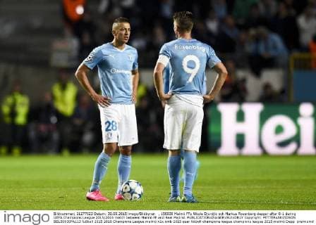 , 150930 Malmö FFs Nikola Djurdjic och Markus Rosenberg deppar efter 0-1 during UEFA Champions League 2015 2016 match between Malmö FF and Real Madrid.  Copyright: PETTERxARVIDSON BB150930PA113
