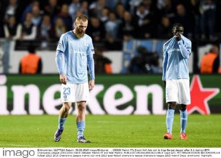 , 150930 Malmö FFs Enoch Kofi Adu och Jo Inge Berget deppar efter 0-1 during UEFA Champions League 2015 2016 match between Malmö FF and Real Madrid.  Copyright: PETTERxARVIDSON BB150930PA114