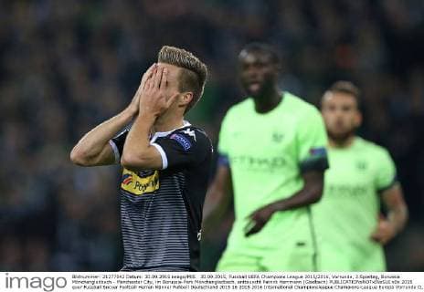 30.09.2015, Fussball UEFA Champions League 2015 2016, Vorrunde, 2.Spieltag, Borussia Mönchengladbach - Manchester City, im Borussia-Park Mönchengladbach. enttäuscht Patrick Herrmann (Gladbach) 