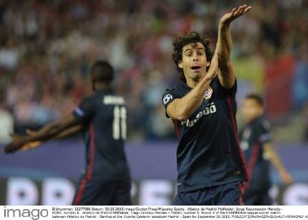Atletico de Madrid Midfielder, Jorge Resurreccion Merodio - KOKE, number 6 . Atletico de Madrid Midfielder, Tiago Cardoso Mendes - TIAGO, number 5. Round 2 of the CHAMPIONS league soccer match between Atletico de Madrid - Benfica at the Vicente Calderon estadium Madrid - Spain by September 30 2015. 