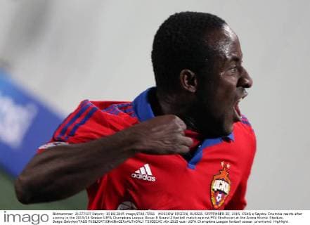 MOSCOW REGION, RUSSIA. SEPTEMBER 30, 2015. CSKA s Seydou Doumbia reacts after scoring in the 2015 16 Season UEFA Champions League Group B Round 2 football match against PSV Eindhoven at the Arena Khimki Stadium. Sergei Bobylev TASS  TS00ECAC