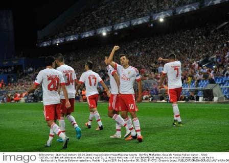 Benfica Midfielder, Osvaldo Nicolas Fabian Caitan - NICO CAITAN, number 10 celebrates after scoring a goal (1,1). Round Matchday 2 of the CHAMPIONS league, soccer match between Atletico de Madrid - Benfica at the Vicente Calderon estadium, Madrid - Spain (ESP) by September 30, 2015. PHOTO: Gregorio Lopez. 