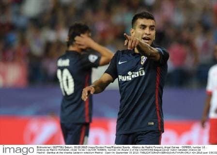 Atletico de Madrid Forward, Angel Correa - CORREA, number 16 . Atletico de Madrid Midfielder, Olver Torres - OLIVER TORRES, number 10. Round 2 of the CHAMPIONS league soccer match between Atletico de Madrid - Benfica at the Vicente Calderon estadium Madrid - Spain by September 30 2015. 