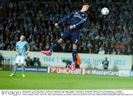 2015-09-30, Swedbank Stadion, Malmö In the picture: 7, Cristiano Ronaldo (C), Real Madrid Pictures from the match Malmo FF - Real Madrid in the Champions League. The match is played at Swedbank Stadion in Malmö, Sweden. Match: Malmö FF - Real Madrid Referee: Cüneyt Çakir Start time: 20:45 All Over Press 