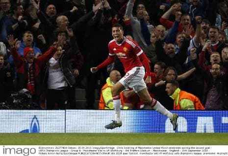 Chris Smalling of Manchester United ManU celebrates scoring the second goal - UEFA Champions League - Group B - Manchester Utd vs Vfl Wolfsburg - Old Trafford Stadium - Manchester - England - 30th September 2015 - Picture Simon Bellis Sportimage EDITORIAL USE ONLY. No use with unauthorised audio, video, data, fixture lists, club league logos or live services. Online in-match use limited to 120 images, no video emulation. No use in betting, games or single club league player publications.