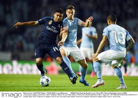 , 150930 Real Madrids Casemiro och Malmö FFs Markus Rosenberg during UEFA Champions League 2015 2016 match between Malmö FF and Real Madrid.  Copyright: PETTERxARVIDSON BB150930PA117