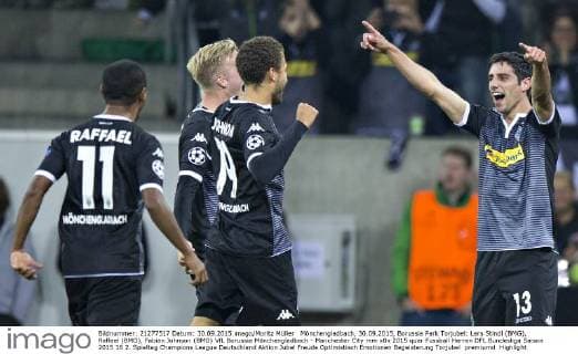 Mönchengladbach, 30.09.2015, Borussia Park Torjubel: Lars Stindl (BMG), Raffael (BMG), Fabian Johnson (BMG) VfL Borussia Mönchengladbach - Manchester City mm