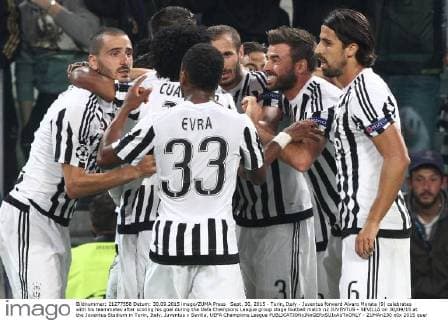 Sept. 30, 2015 - Turin, Italy - Juventus forward Alvaro Morata (9) celebrates with his teammates after scoring his goal during the Uefa Champions League group stage football match n2 JUVENTUS - SEVILLA on 30 09 15 at the Juventus Stadium in Turin, Italy. Juventus v Sevilla, UEFA Champions League - ZUMAn230