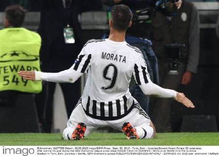Sept. 30, 2015 - Turin, Italy - Juventus forward Alvaro Morata (9) celebrates after scoring his goal during the Uefa Champions League group stage football match n2 JUVENTUS - SEVILLA on 30 09 15 at the Juventus Stadium in Turin, Italy. Juventus v Sevilla, UEFA Champions League  - ZUMAn230