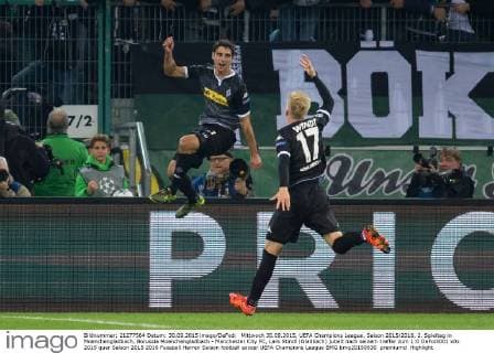 Mittwoch 30.09.2015, UEFA Champions League, Saison 2015 2016, 2. Spieltag in Moenchengladbach, Borussia Moenchengladbach - Manchester City FC, Lars Stindl (Gladbach) jubelt nach seinem treffer zum 1:0 DeFodi001